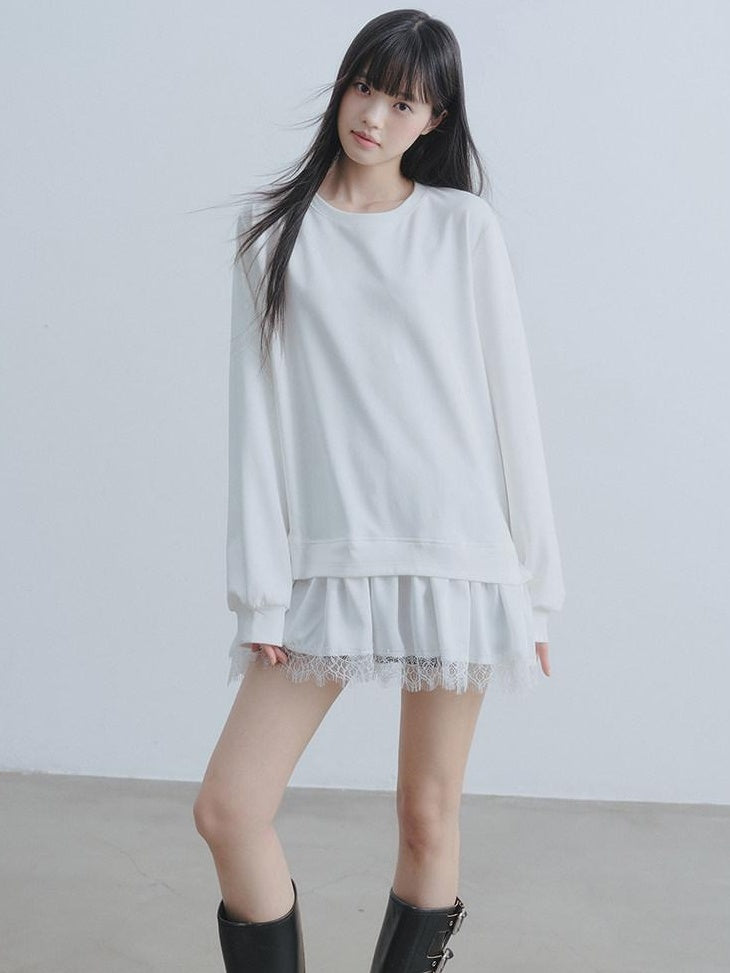 DDGIRL studio Soft Patchwork Loose Sweatshirt Girly Oversized Long Sleeve White Mini Dresses
