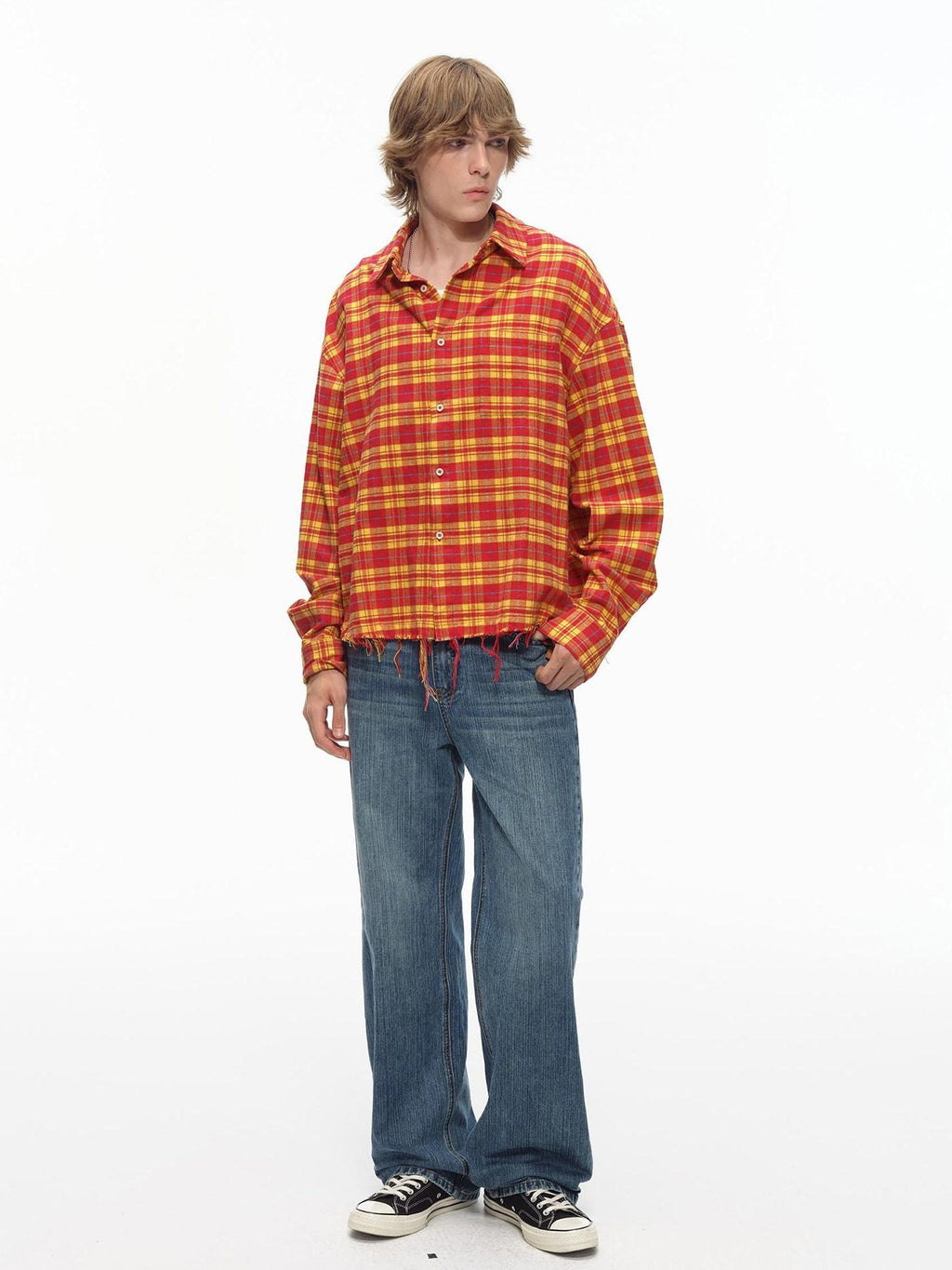 Country Moment Breathable Cotton Loose Plaid Fringe Unisex Longsleeve Button Collar Shirts