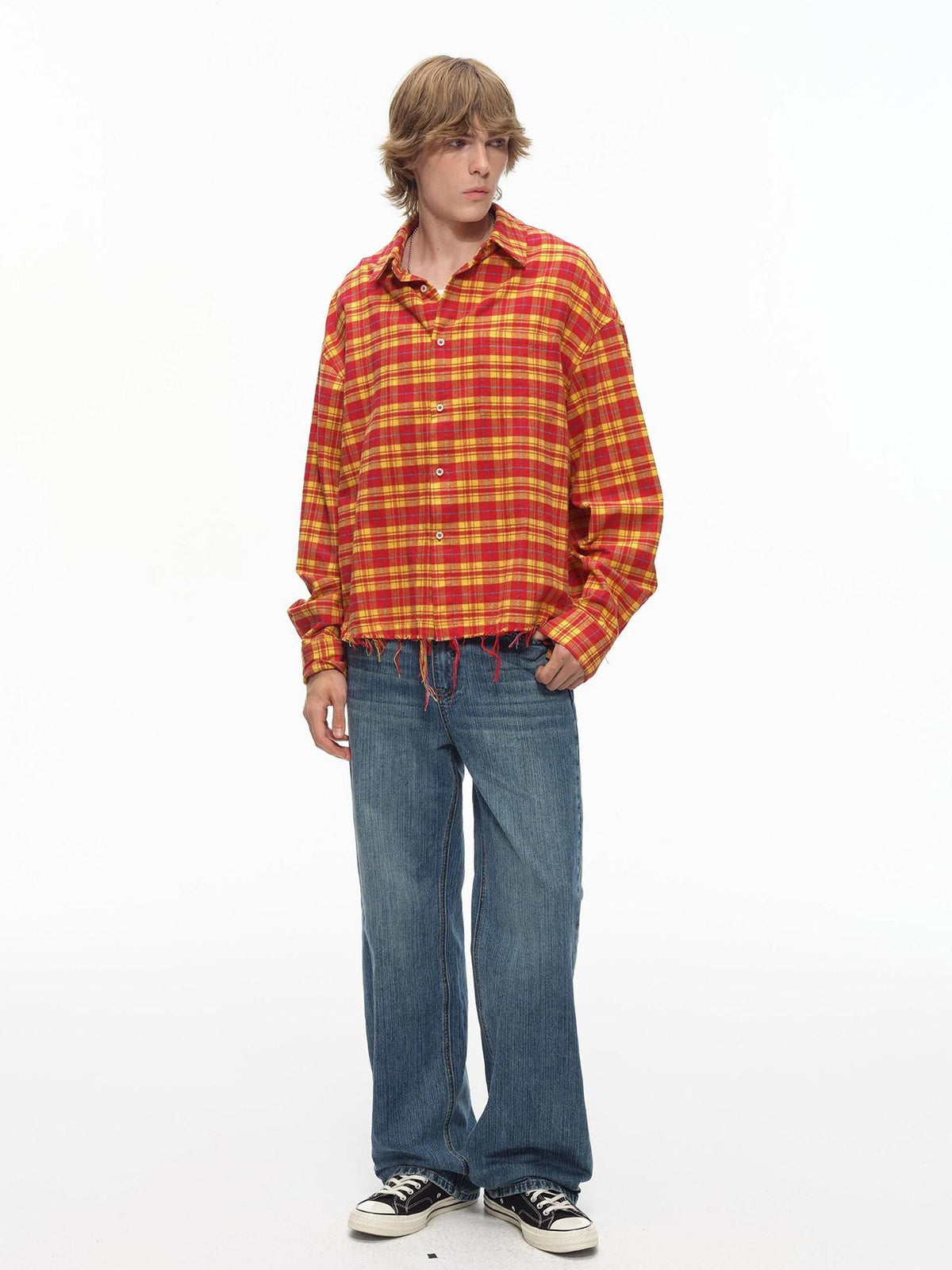 Country Moment Breathable Cotton Loose Plaid Fringe Unisex Longsleeve Button Collar Shirts