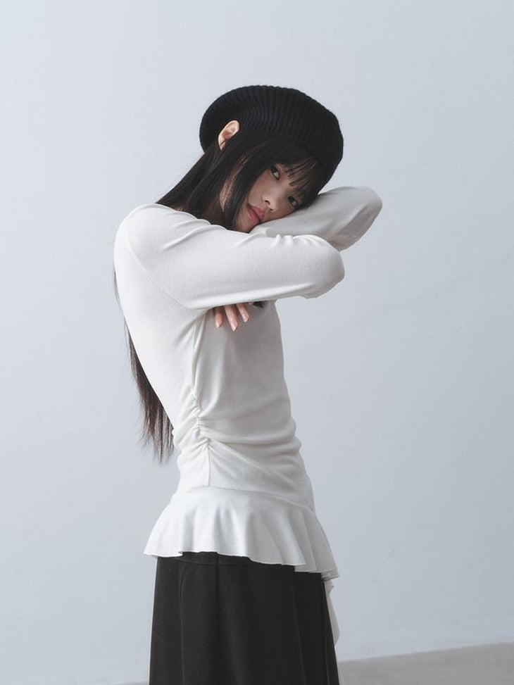 DDGIRL studio Soft Stretch Ruffle Asymmetric Slim Waist Women White Long Sleeve T-Shirts