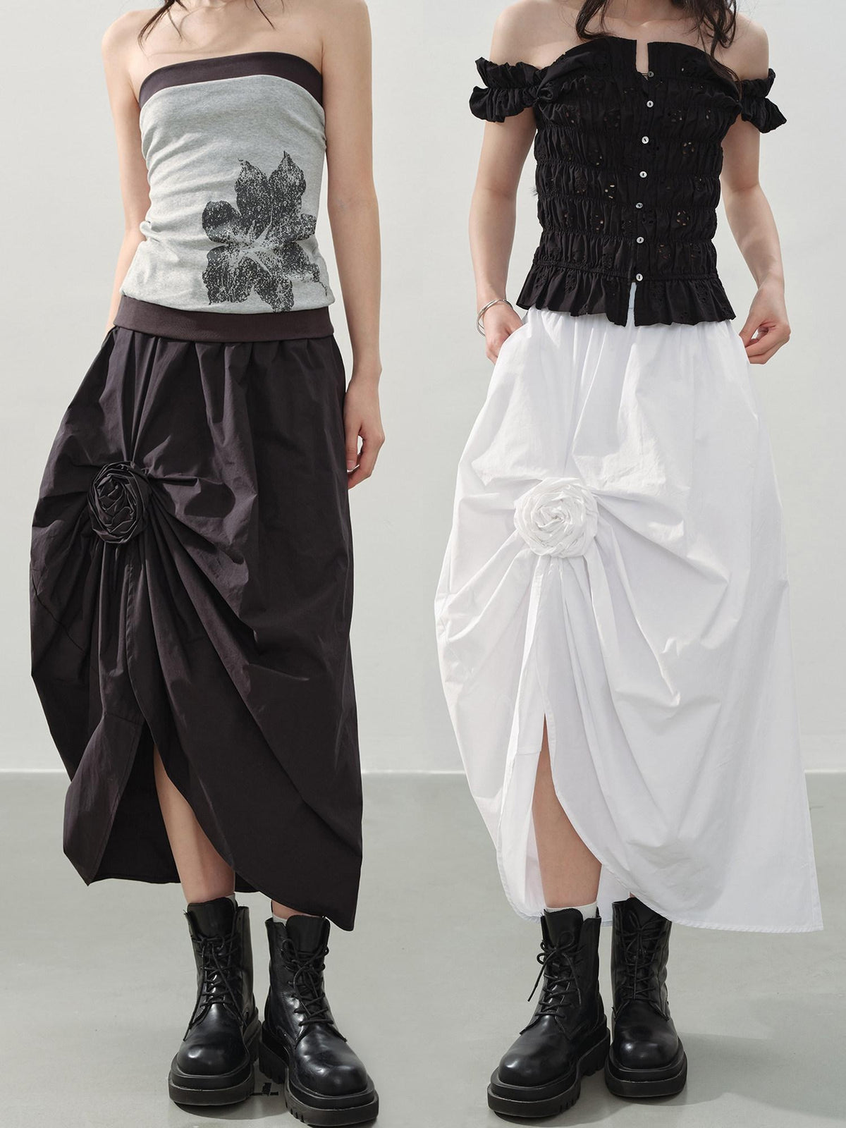 DDGIRL studio Durable Lined Cotton High Waist Asymmetric Floral Front Slit Midi Skirts