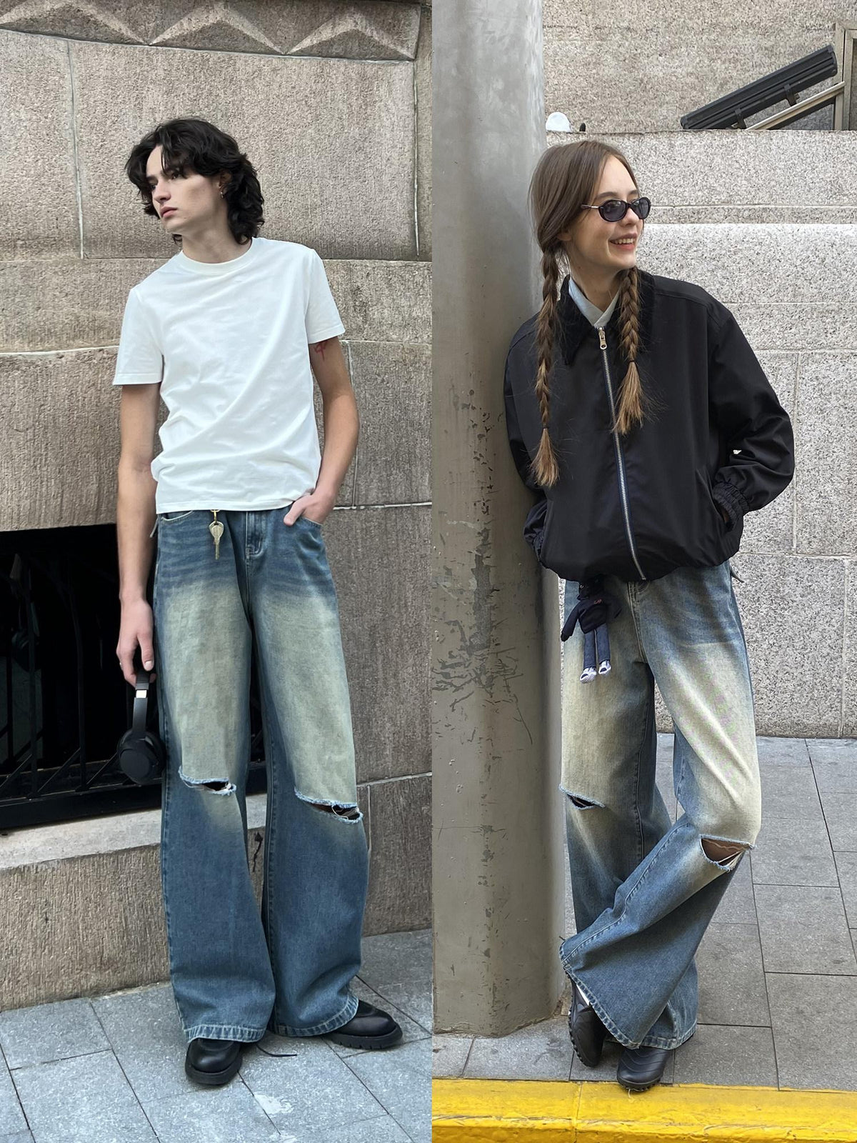 Country Moment Vintage Blue Stone Wash Ripped Mid Rise Loose Cotton Straight Leg Jeans