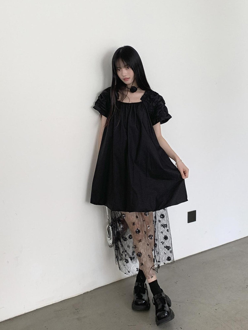 DDGIRL studio 100% Cotton Pullover Bardot Neck A Line Lantern Skirt Workwear Midi Dresses