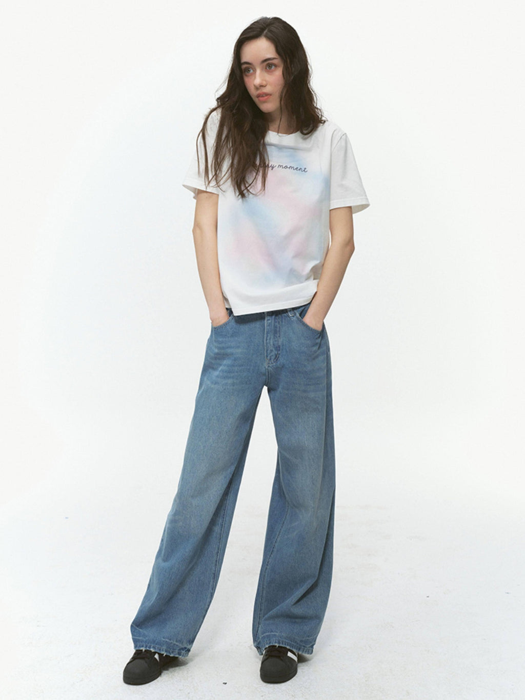 Country Moment Washed Printed Mid Rise Loose Five Pocket Casual Denim Blue Wide Leg Jeans
