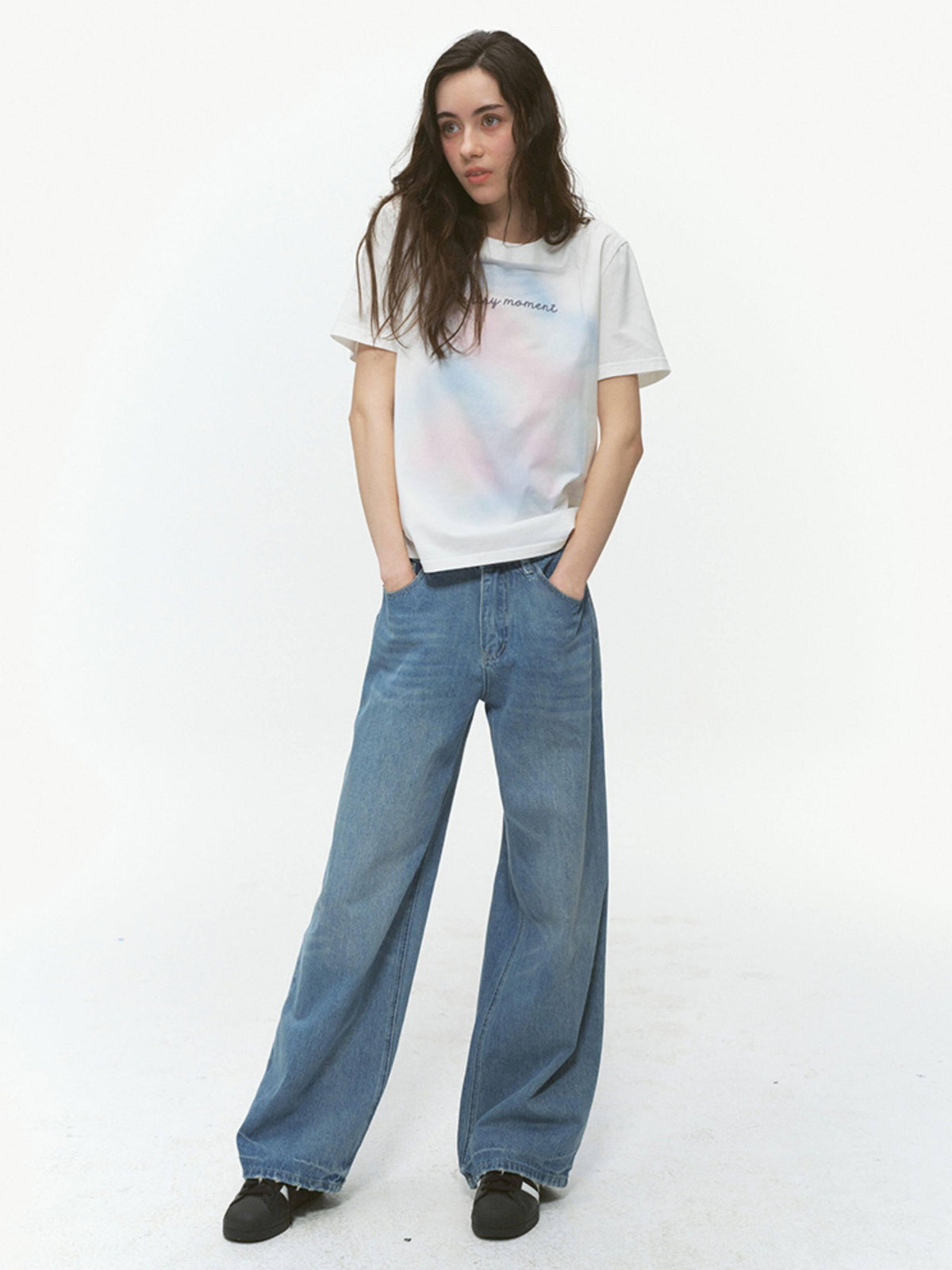 Country Moment Washed Printed Mid Rise Loose Five Pocket Casual Denim Blue Wide Leg Jeans