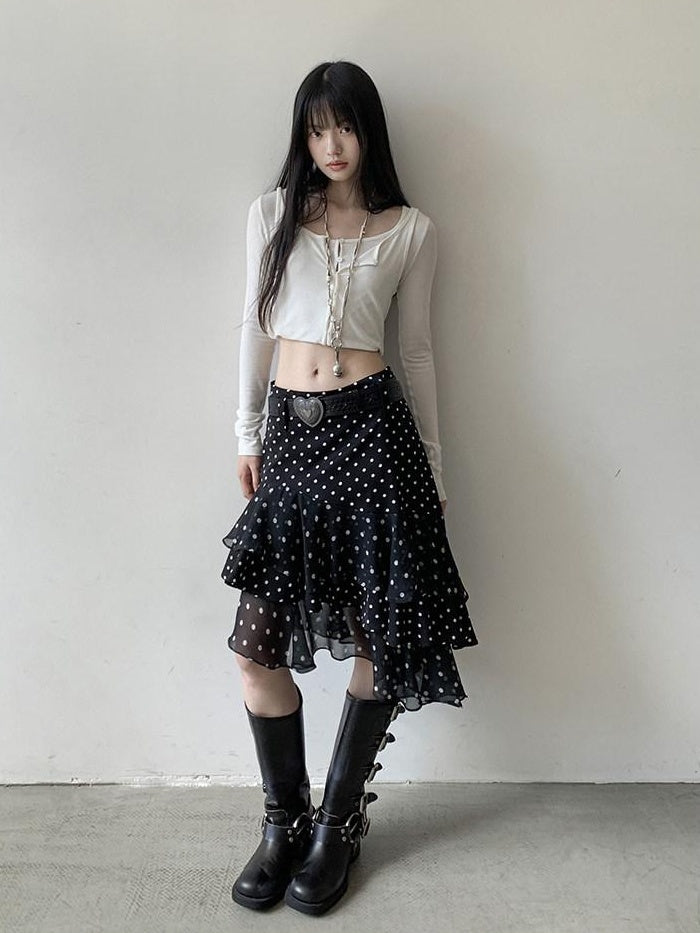 DDGIRL studio Shape Retaining Ruffle Hem High Waist Office Young Women Black Lined Midi Skirts