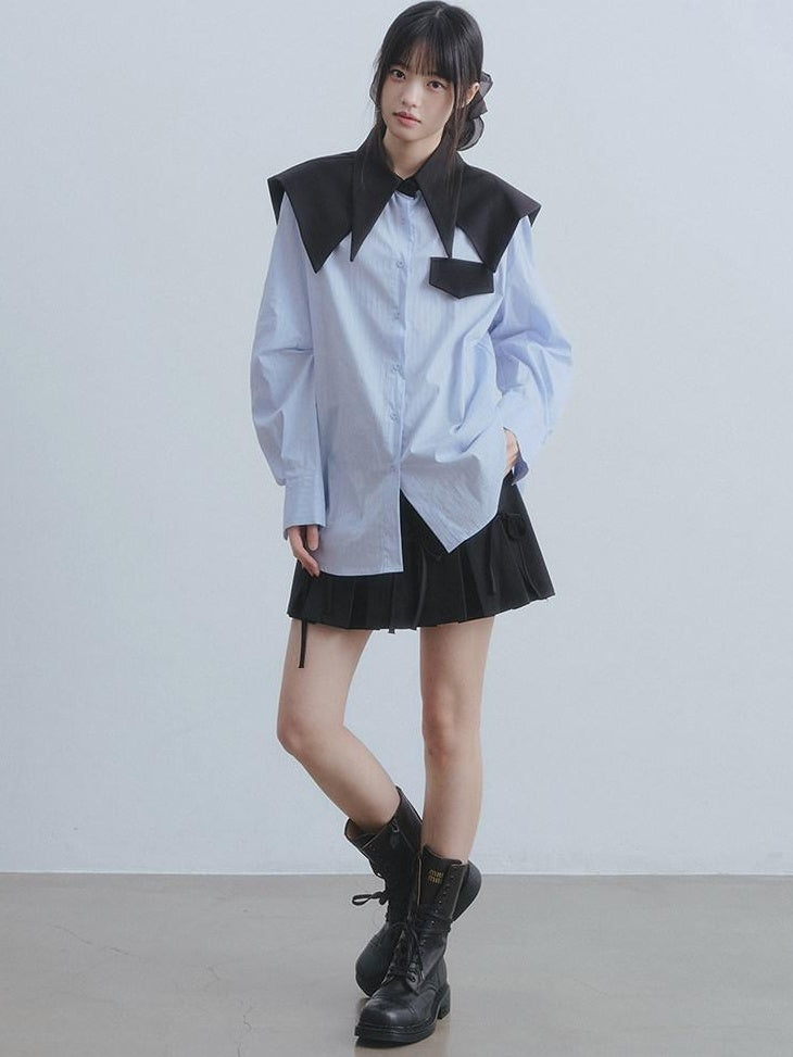 DDGIRL studio Breathable Cotton Loose Faux Layer Pleat Sleeve Striped Navy Collar Shirts