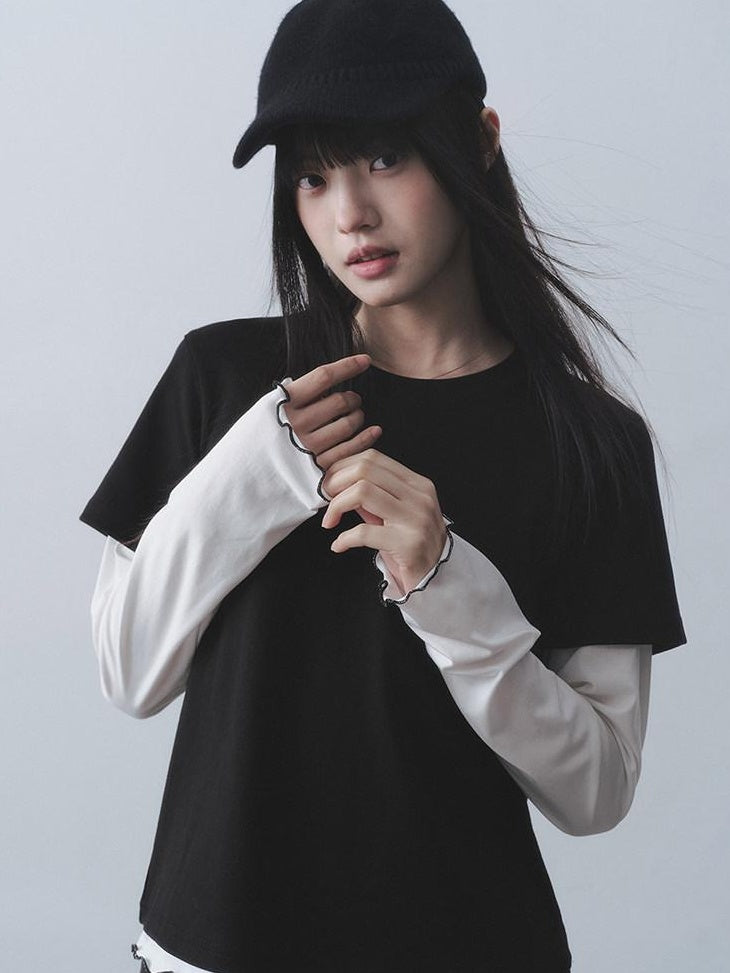 DDGIRL studio Breathable Cotton Spandex Loose Office Contrast Lace Women Long Sleeve T-Shirts