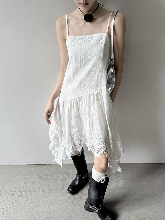 DDGIRL studio Office High Waist A Line Sleeveless Cotton Blend Camisole White Midi Dresses
