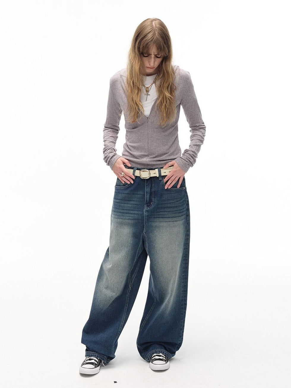 Country Moment Gradient Distressed Mid Rise Loose Straight Everyday Denim Blue Wide Leg Jeans