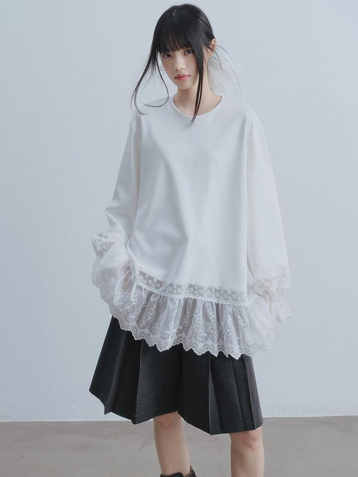 DDGIRL studio Layered Lace Oversized Puff Sleeve Womens Cotton White Long Sleeve T-Shirts