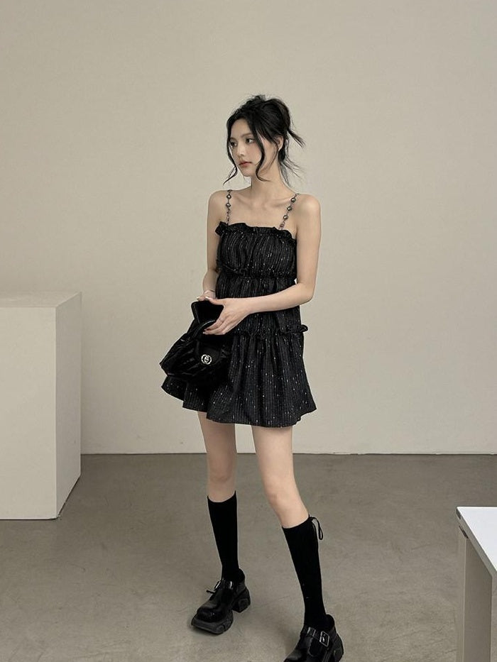 DDGIRL studio Shape Retain Strappy A Line Loose Waist Black Poly Wool Blend Mini Dresses