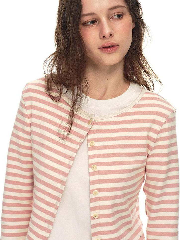Country Moment Breathable Cotton Slim Fit Piped Pink Striped Casual Top & Pants Sets