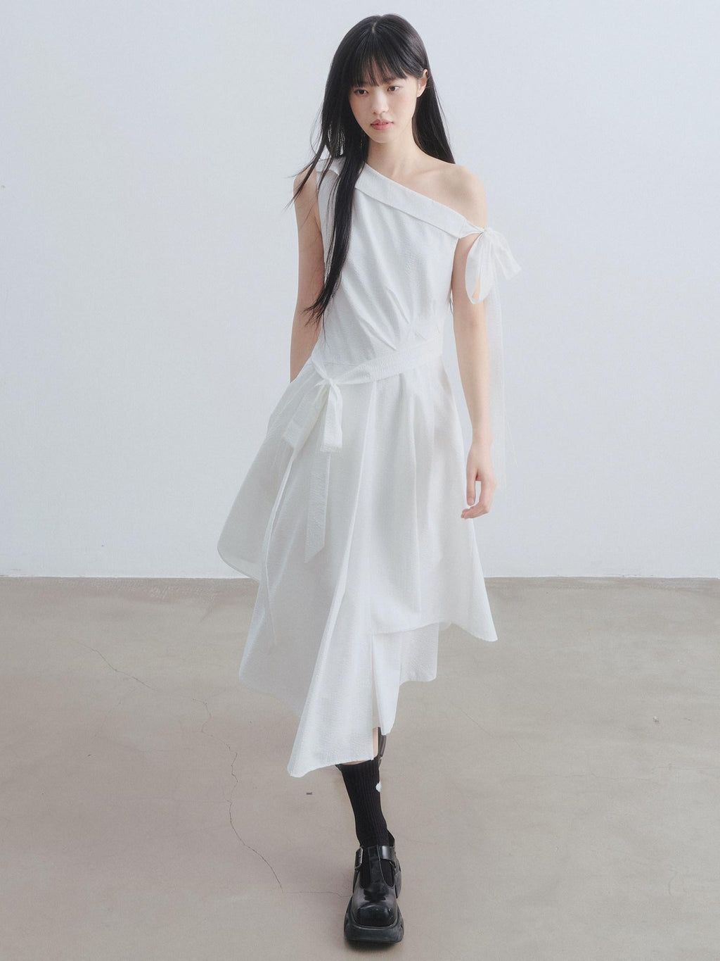DDGIRL studio High Waist Asymmetric One Shoulder Workwear A Line Side Zipper Midi Dresses