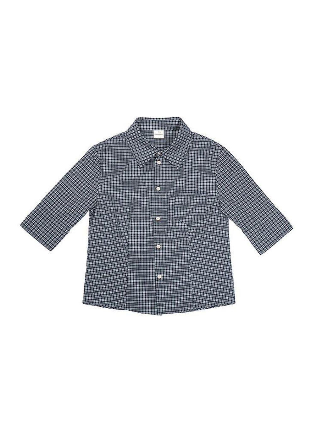 Country Moment Breathable Cotton Cropped Straight Revere Women Navy Plaid Shirts