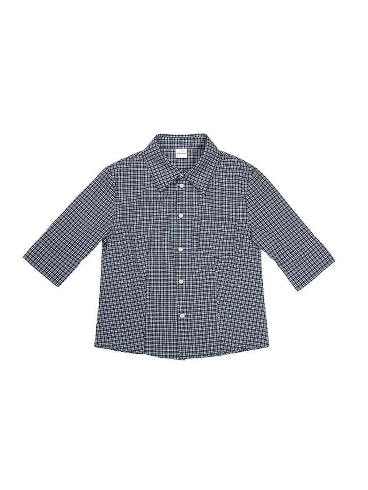 Country Moment Breathable Cotton Cropped Straight Revere Women Navy Plaid Shirts