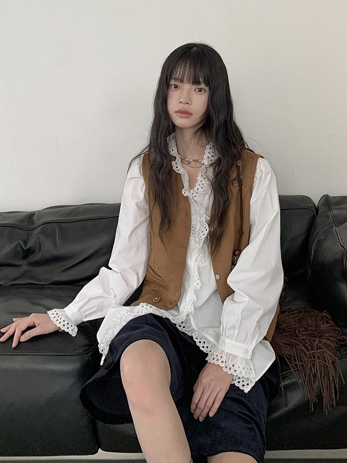 DDGIRL studio Cotton Ruffle Lace Loose V-neck Cardigan Office Casual Women Breathable Shirts