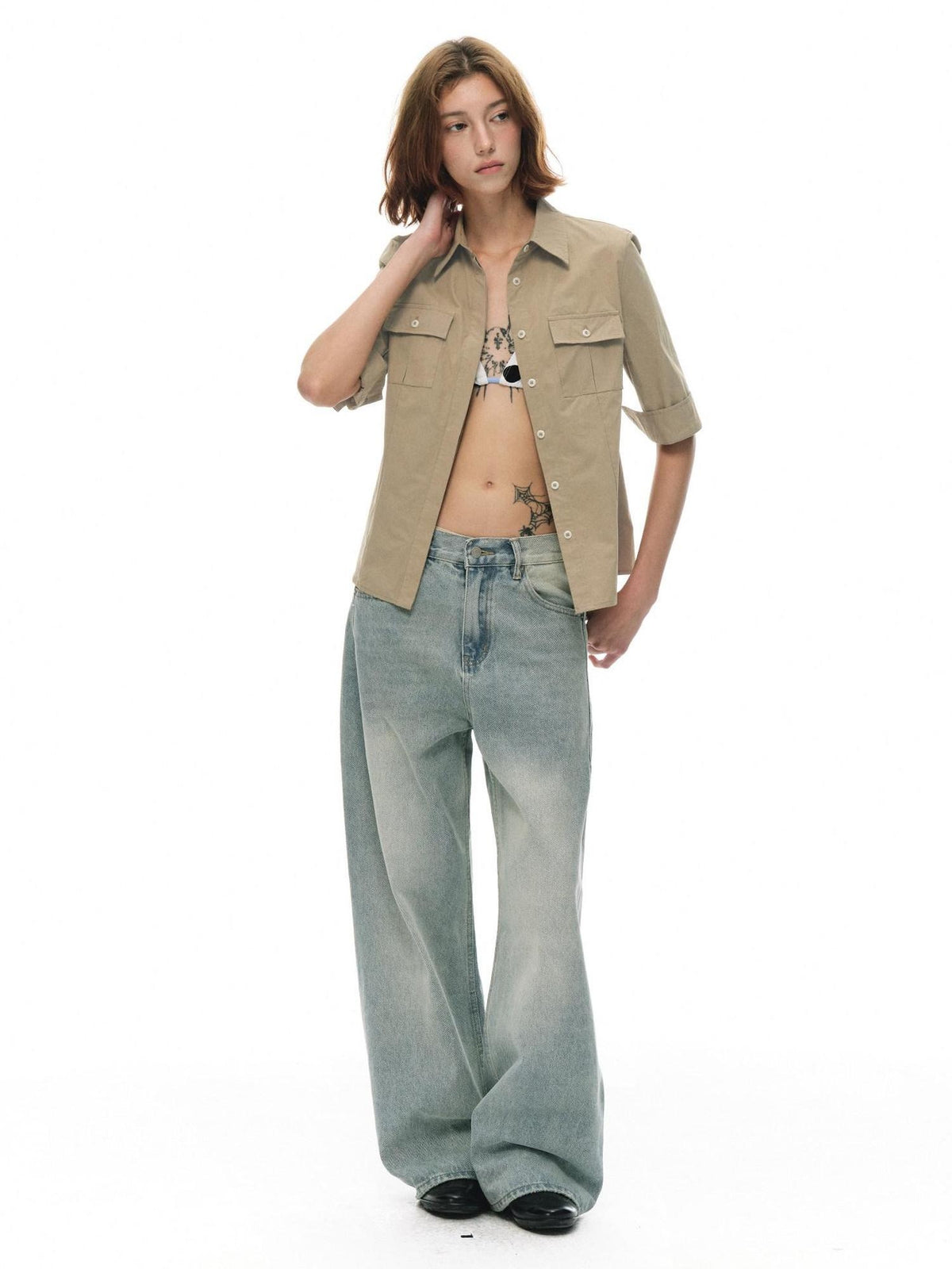 Country Moment Breathable Cotton Slim Fit Collared Half Sleeve Khaki Women Patch Pocket Shirts
