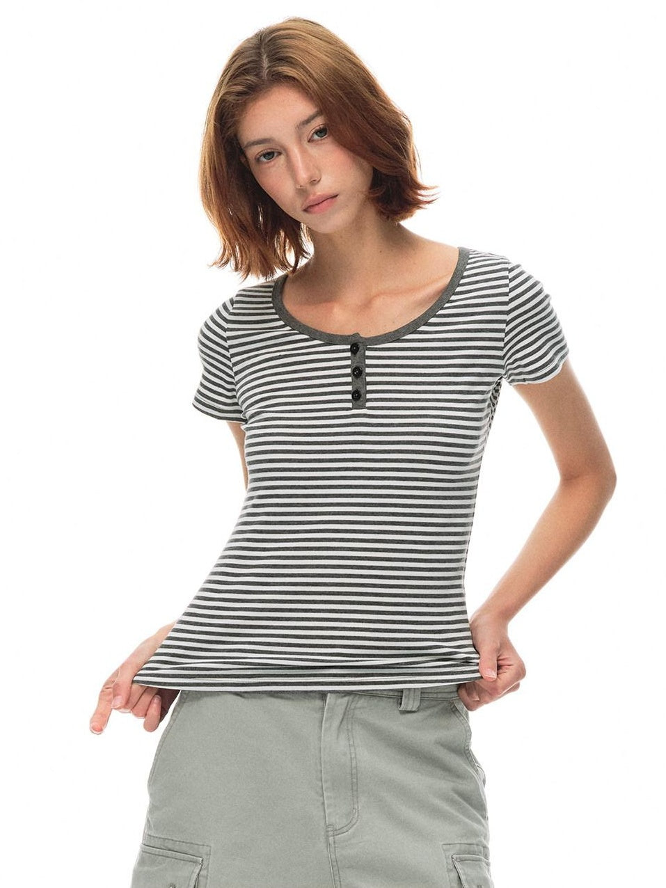 Country Moment Breathable Striped Henley Regular Women Polyester Stretch Short Sleeve T-Shirts
