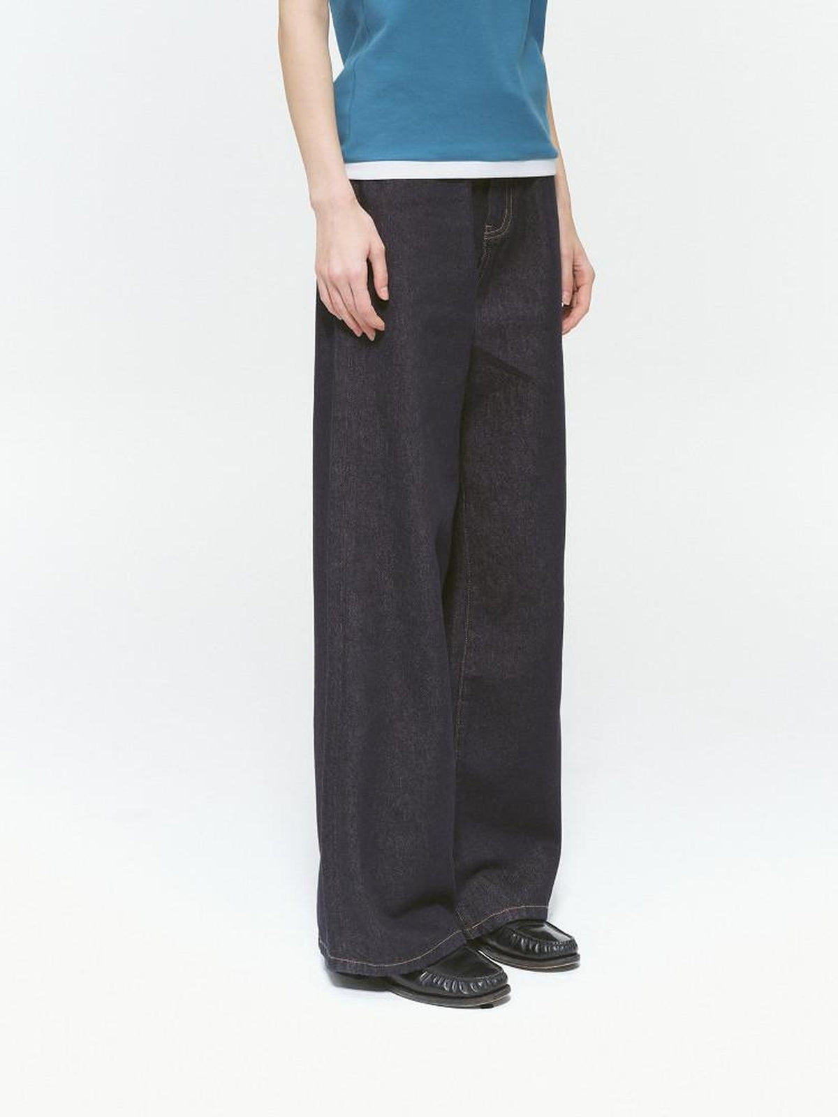 Country Moment Durable Washed Five Pocket Mid Rise Loose Straight Raw Denim Wide Leg Jeans