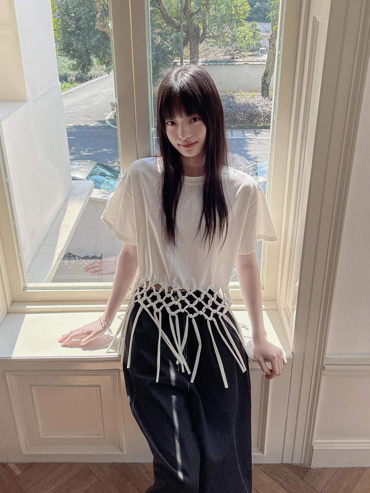 DDGIRL studio White Fringe Cropped Loose 100% Cotton Commuter Crew Neck Short Sleeve T-Shirts