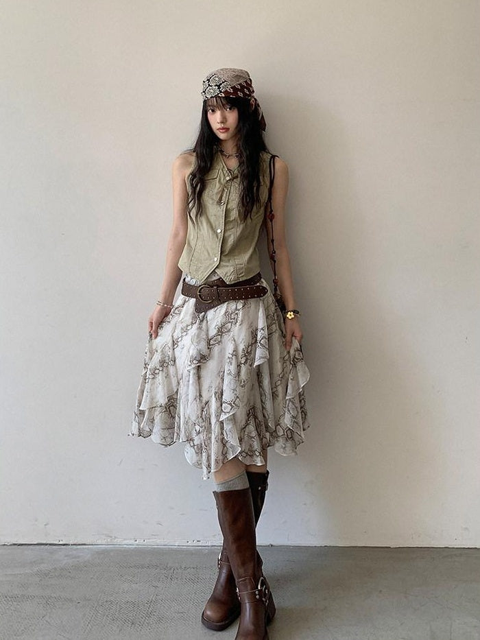 DDGIRL studio High Waist Ruffle Asymmetrical Lined Polyester Casual Young Women Midi Skirts