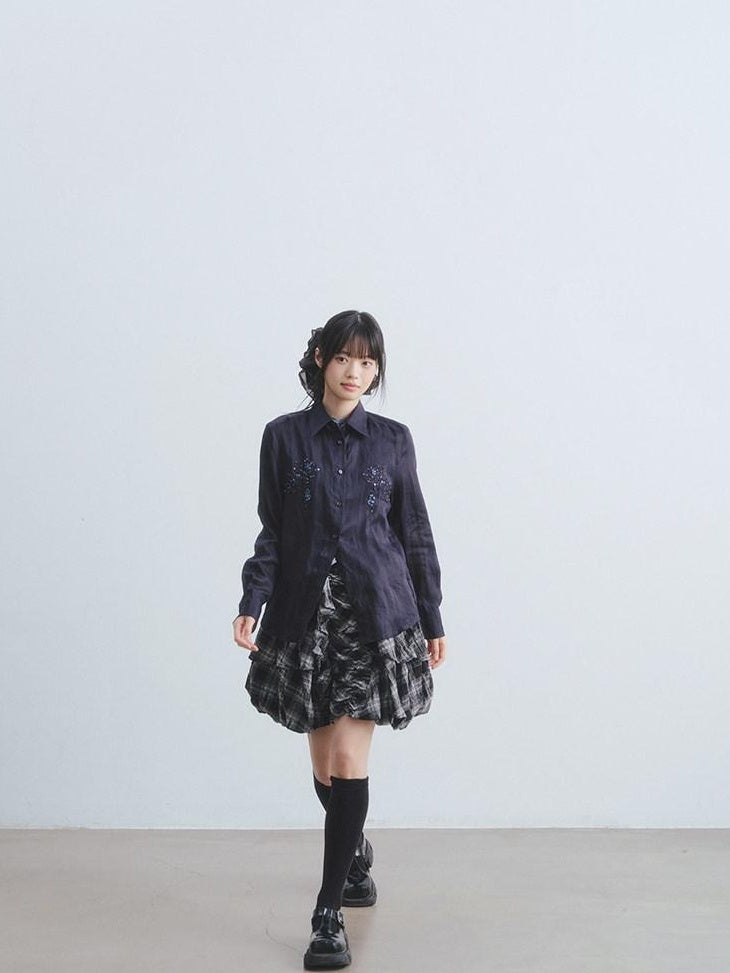 DDGIRL studio Soft Cotton Shirred A Line Sleeveless Checked Workwear Puff Skirt Mini Dresses