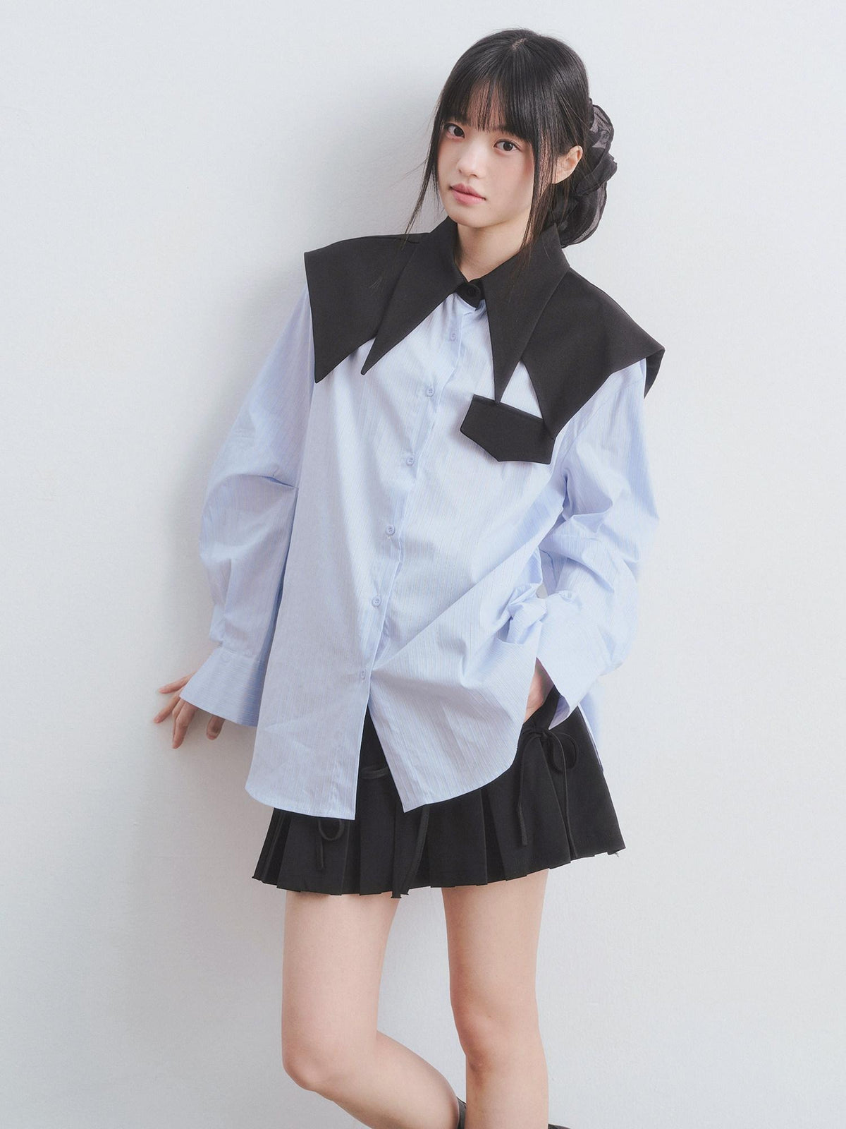 DDGIRL studio Breathable Cotton Loose Faux Layer Pleat Sleeve Striped Navy Collar Shirts