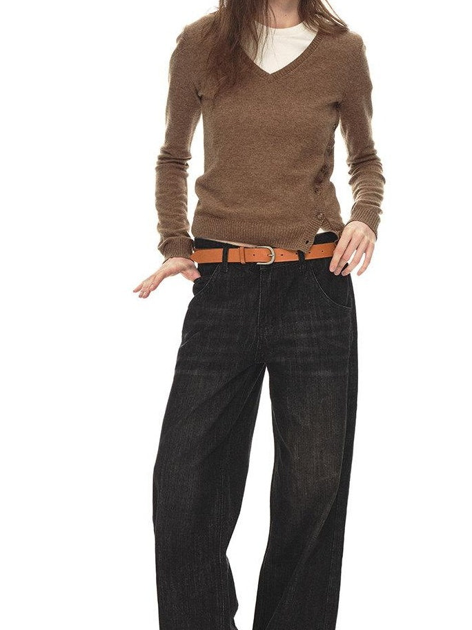 Country Moment Distressed Low Rise Cotton Non Stretch Casual Unisex Black Straight Leg Jeans