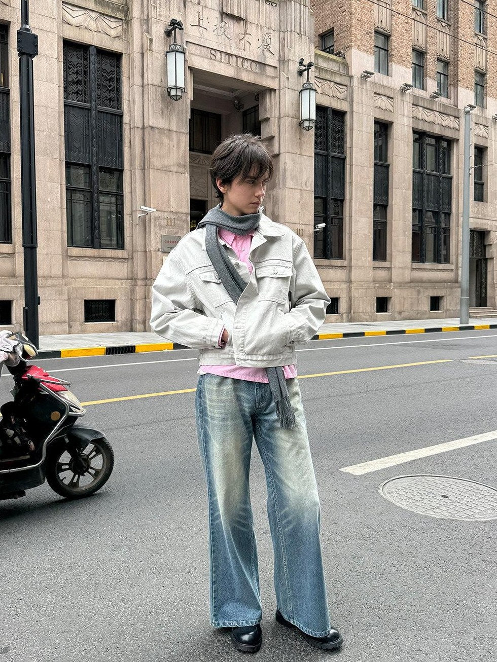 Country Moment Loose Fit Cropped Lapel Unisex 100 Percent Cotton Solid Grey Denim Jackets