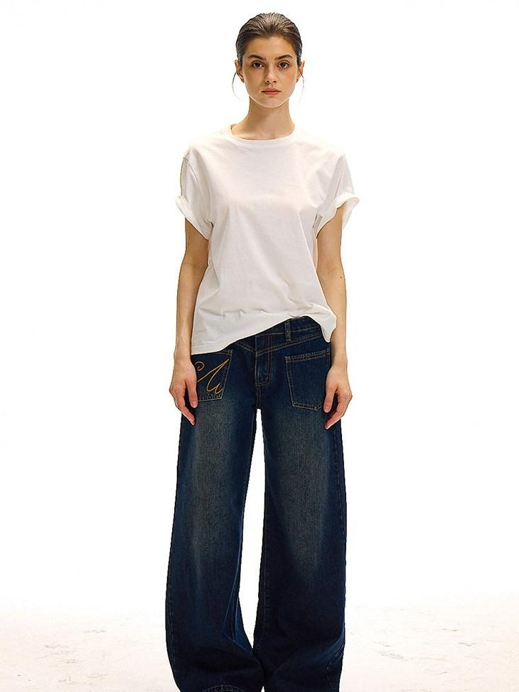 Country Moment High Waist Washed Denim Casual Loose Fit Zipper Fly Wide Leg Jeans