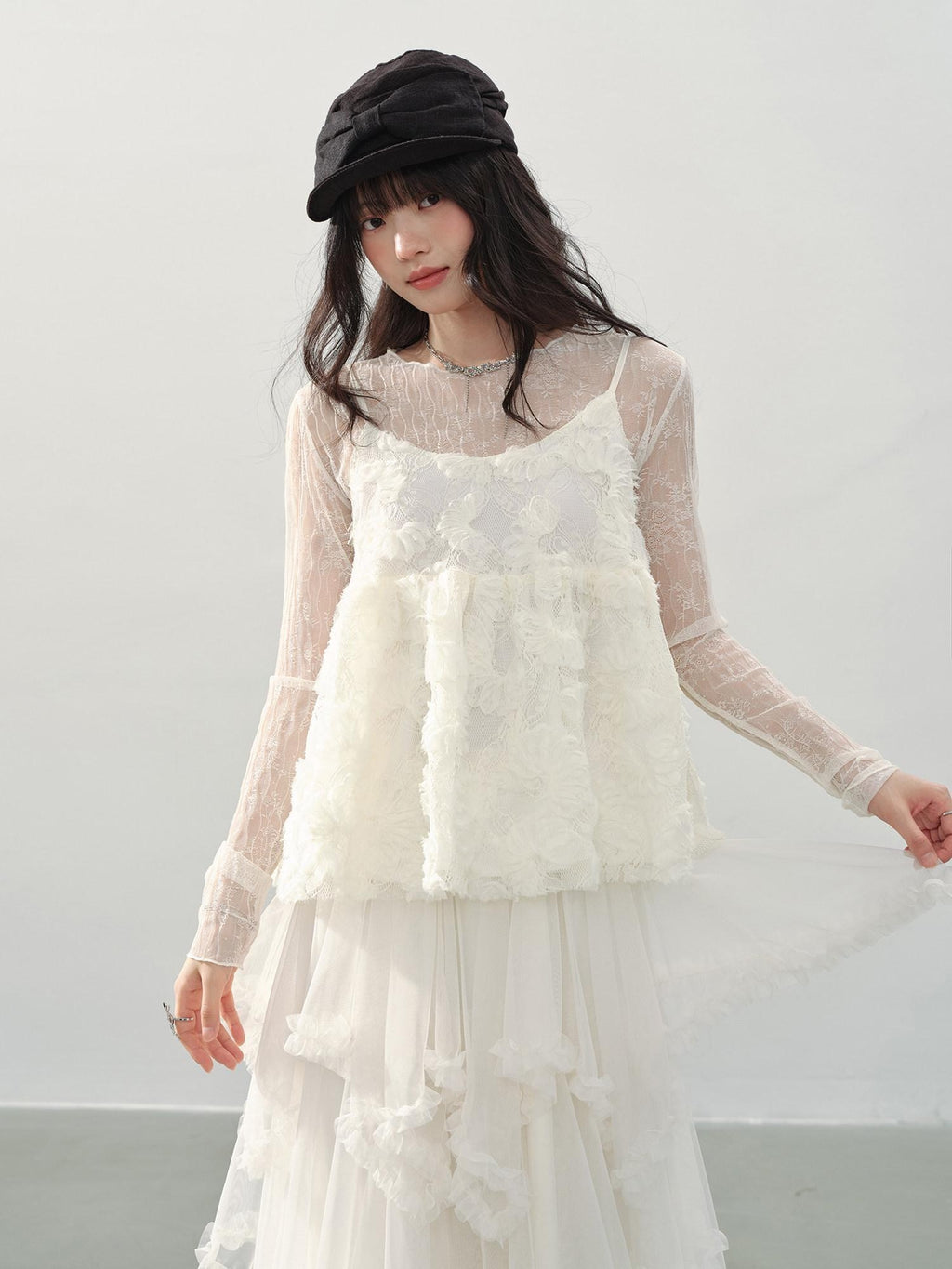 DDGIRL studio Soft Breathable Mesh Lace Slim Fit Floral Round Neck Ladies Long Sleeve T-Shirts