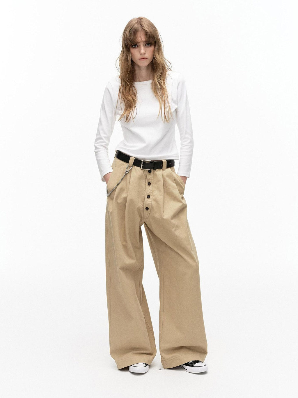 Country Moment Washed Cotton Button Loose Straight Casual Youth Wide Leg Pants