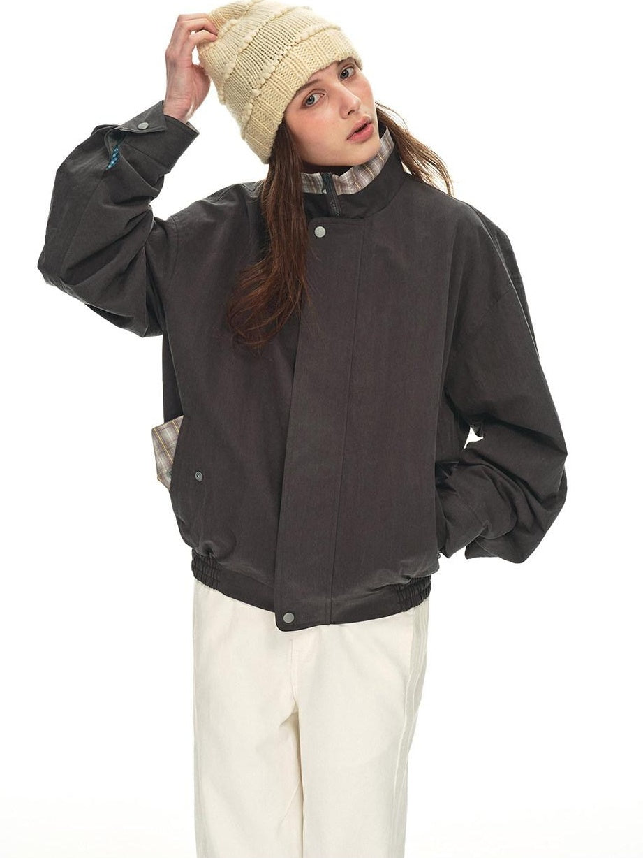 Country Moment Contrast Patchwork Relaxed Check Zip Long Sleeve Womens Cropped Jackets
