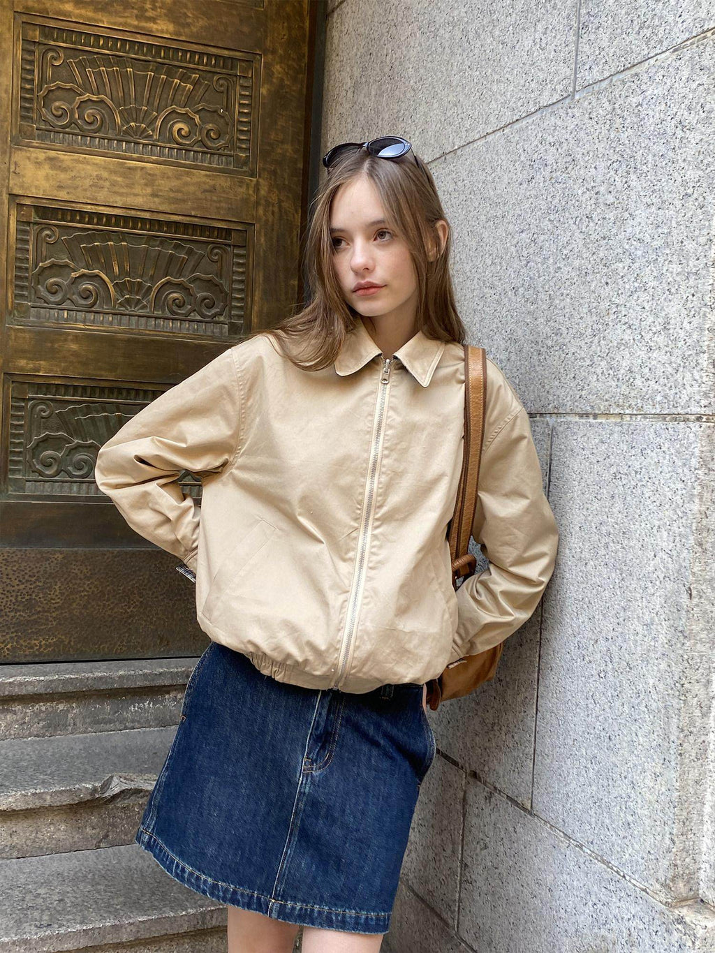 Country Moment Reversible Windproof Loose Fit Khaki Plaid Ribbed Hem Unisex Cropped Jackets