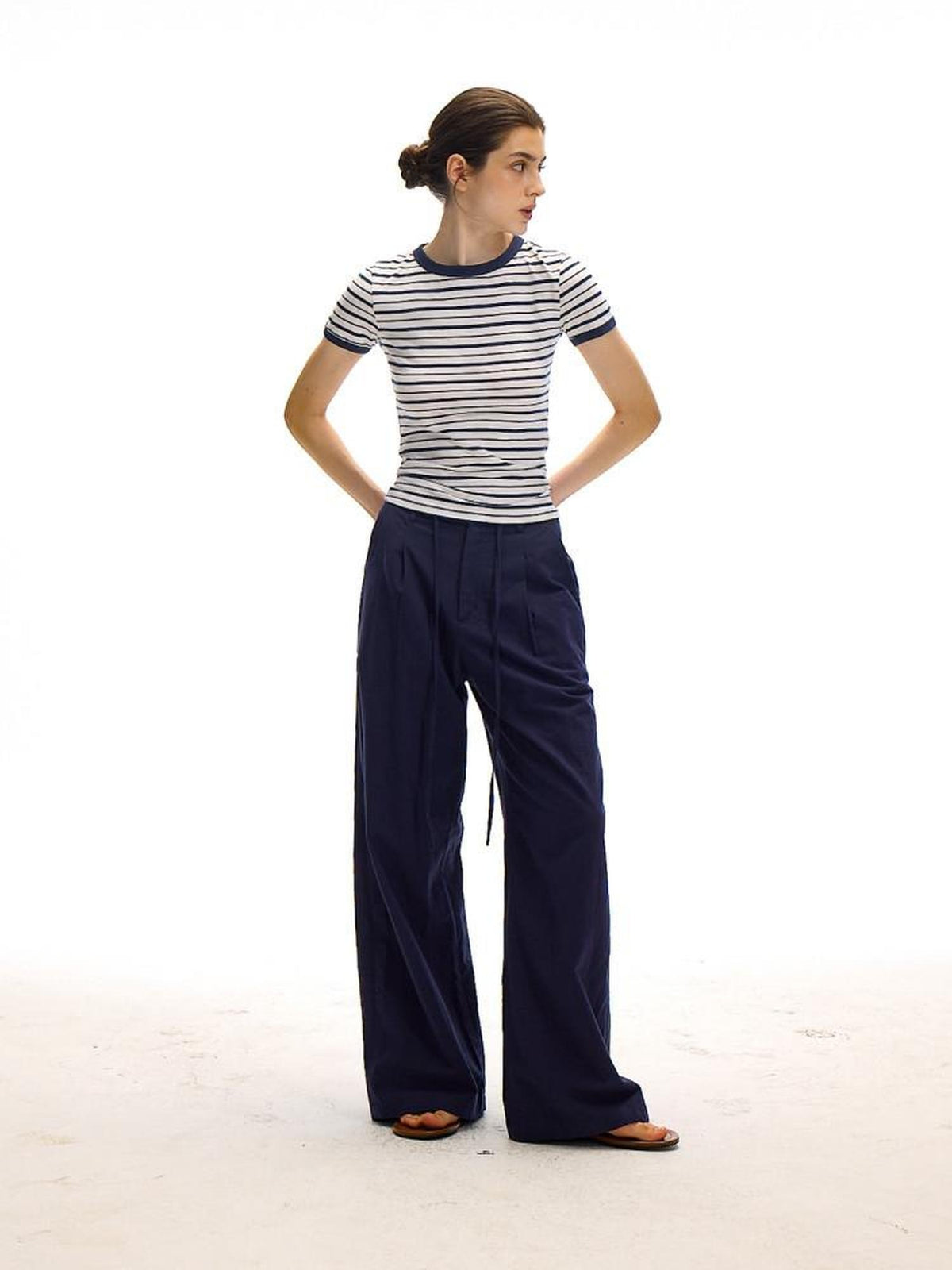 Country Moment Cotton Linen Minimal Belted Natural Waist Navy Office Wide Leg Pants