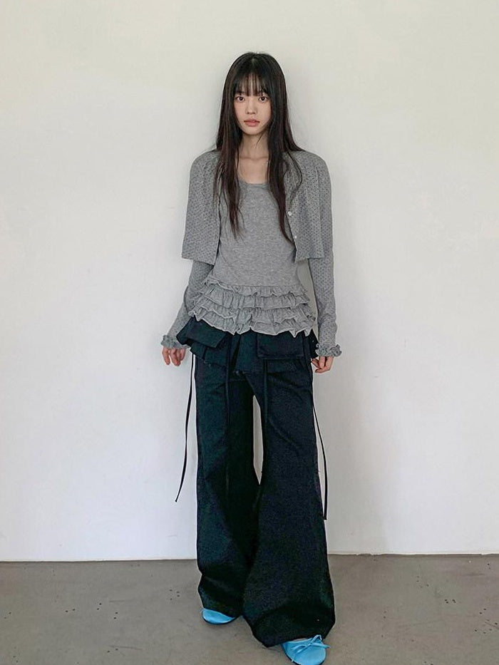 DDGIRL studio High Waist Zip Fly Pockets Relaxed Straight Leg Black Cotton Nylon Cargo Pants