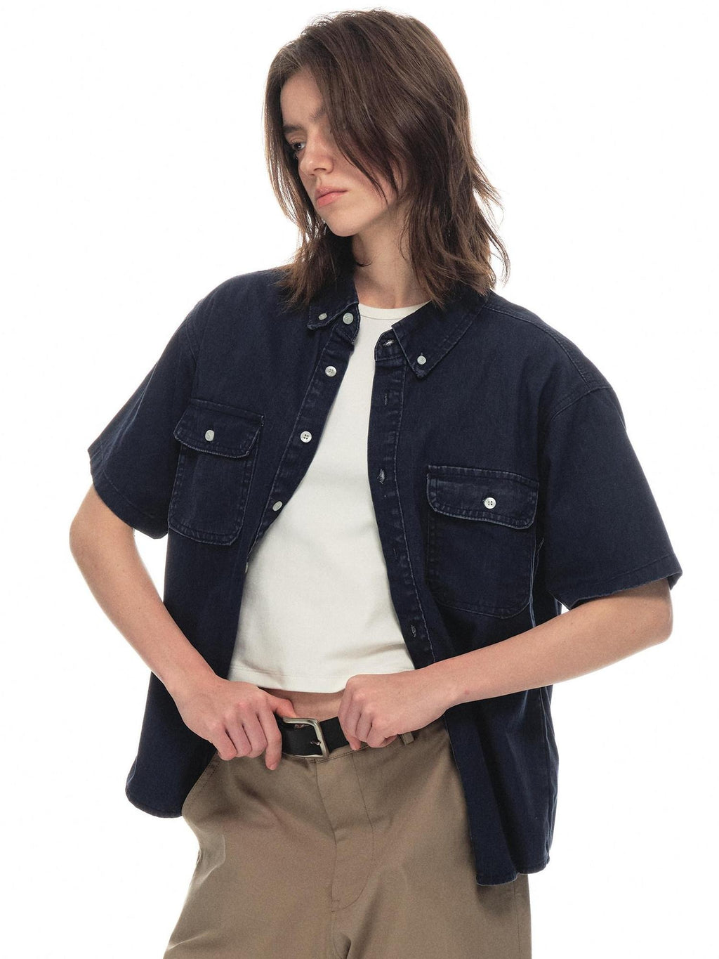 Country Moment Breathable 100% Cotton Patch Pocket Turn Down Collar Regular Men Indigo Shirts