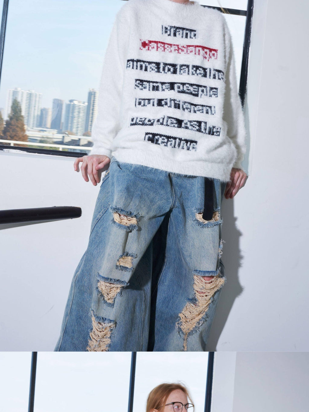 CasseSango Jacquard Letter Crewneck Pullover Trendy Youth Casual White Knit Sweaters