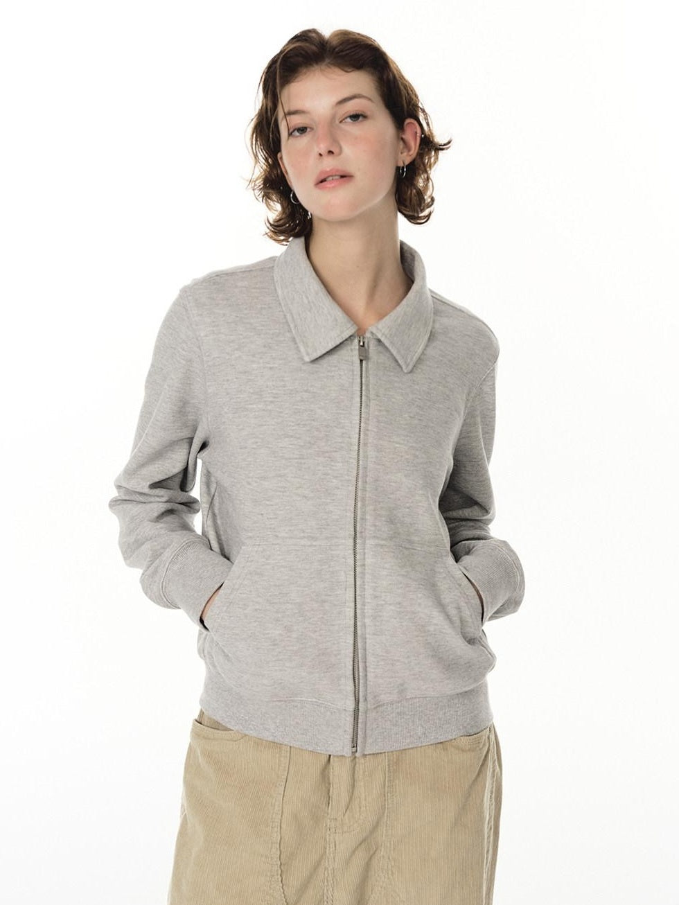 Country Moment Breathable Warm Cotton Blend Loose Fit Zip Up Men Casual Grey Sweatshirt