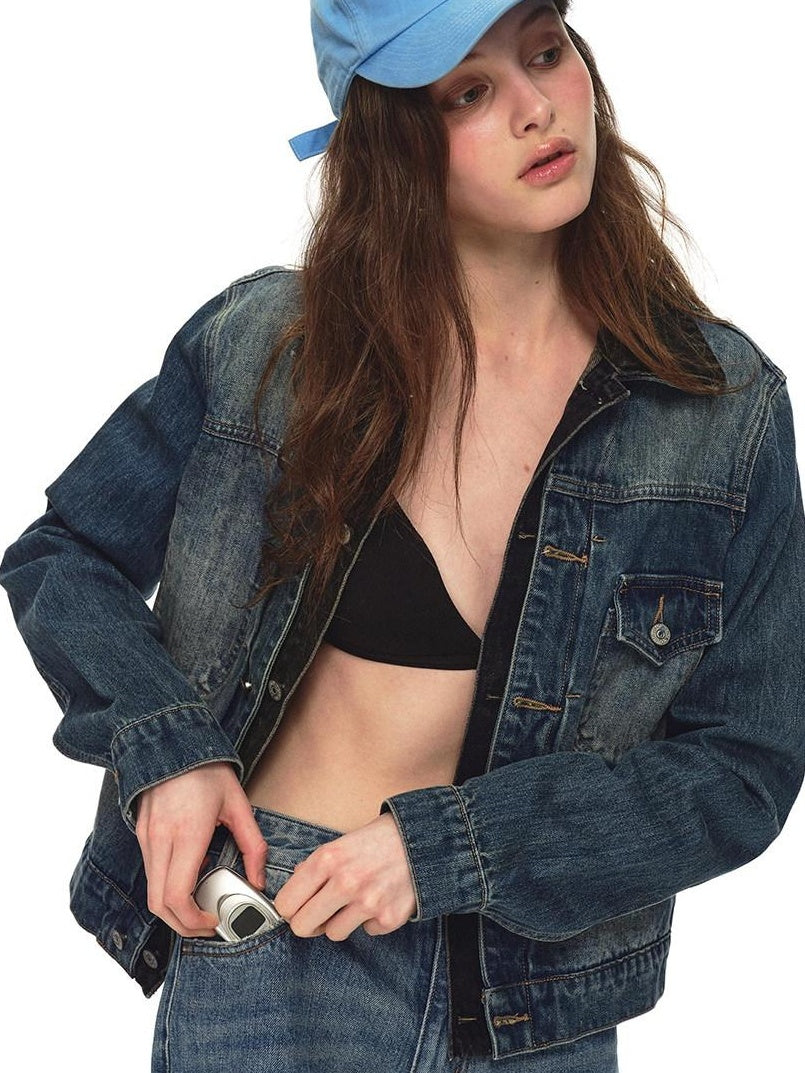 Country Moment Tie Dye Gradient Oversized Short Cotton Blend Women Casual Denim Jackets