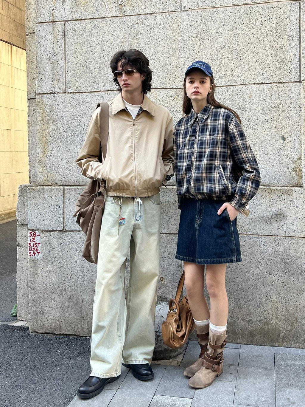 Country Moment Reversible Windproof Loose Fit Khaki Plaid Ribbed Hem Unisex Cropped Jackets