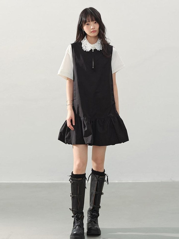 DDGIRL studio Soft Washed Cotton Nylon A Line Doll Collar Pockets Black Mini Dresses