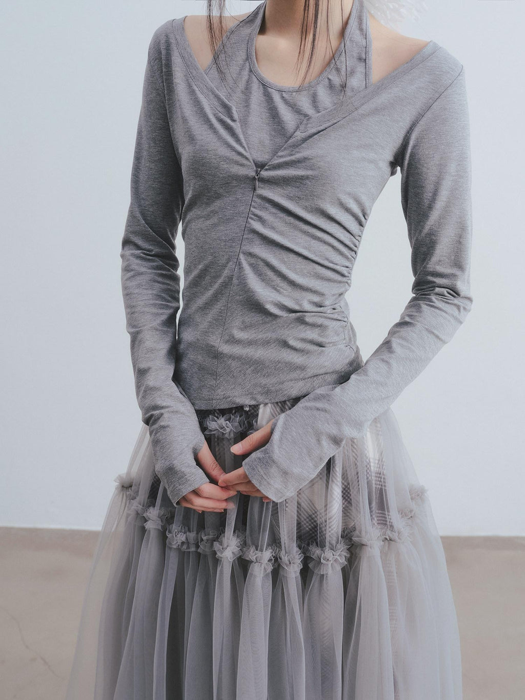 DDGIRL studio Breathable Modal Blend Workwear Slim Layered Women Gray Long Sleeve Crop Tops