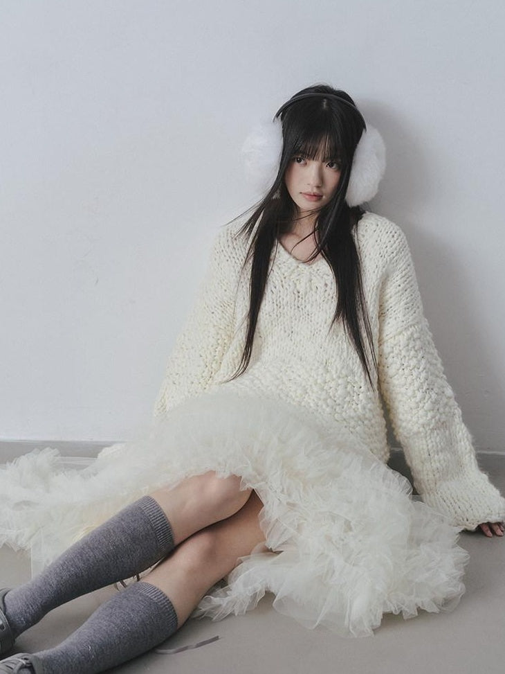 DDGIRL studio Cozy Soft Crochet V-neck Relaxed Oversized Women Campus Acrylic Wool Sweaters