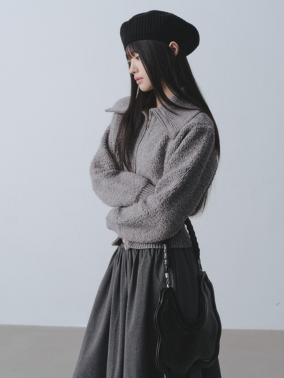 DDGIRL studio Cozy Warm Simple Daydream Waist Cinch Zip Cardigan Acrylic Blend Cream Sweaters