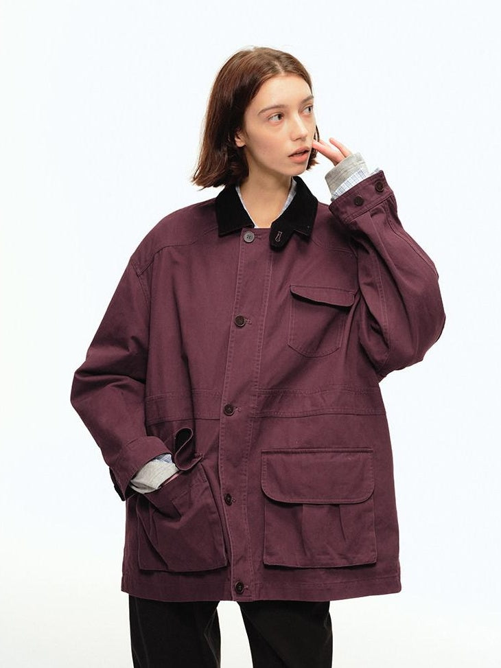Country Moment Pure Cotton Relaxed Trendy Lapel Unisex Casual Solid Wine Red Short Coat