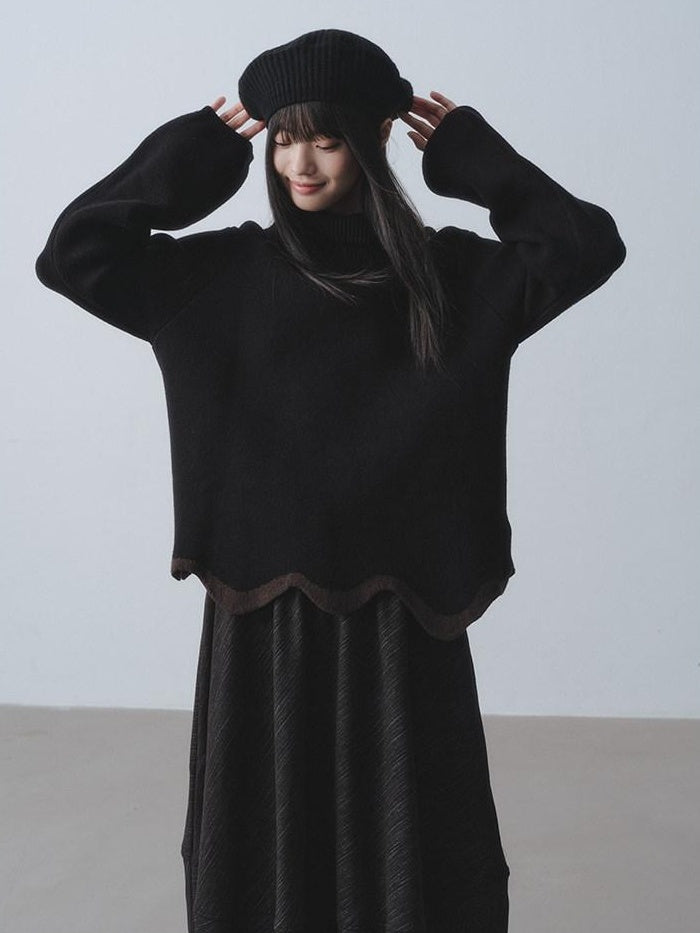 DDGIRL studio Warm Chunky Wave Pullover Oversized Commuter Mock Neck Women Black Sweaters
