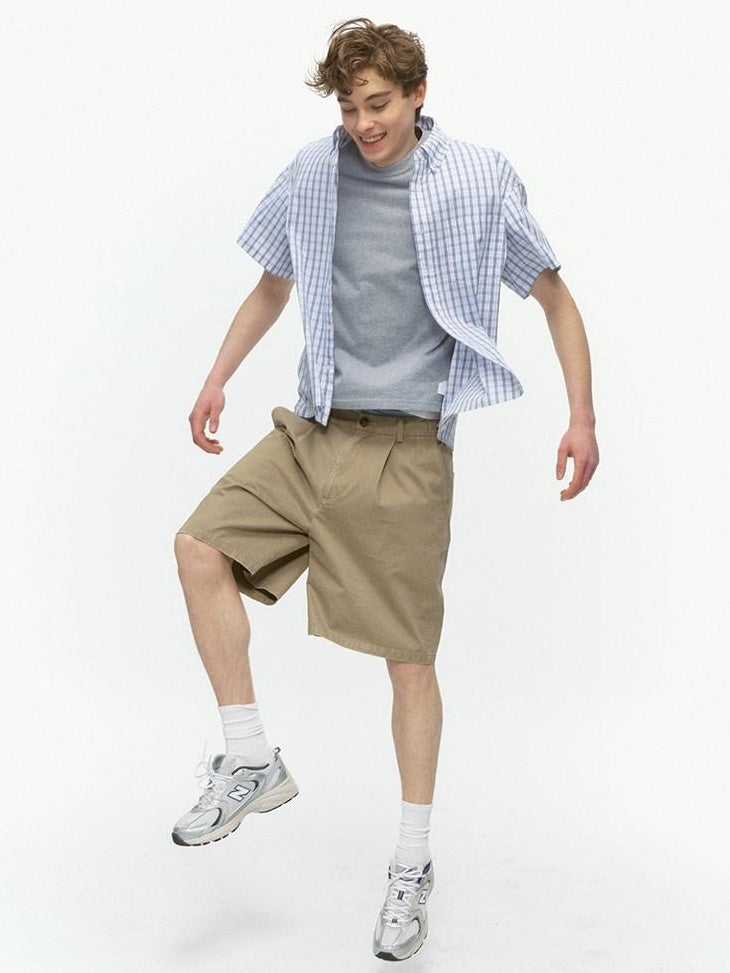Country Moment Durable Cotton Loose Straight Zip Casual Khaki Navy Mid-Length Shorts