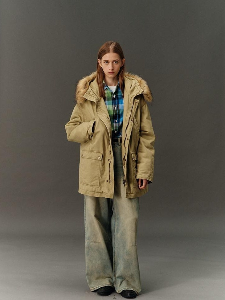 Country Moment Cotton Hooded Straight Fit Mid Length Zipper Street Khaki Green Puffer Jackets